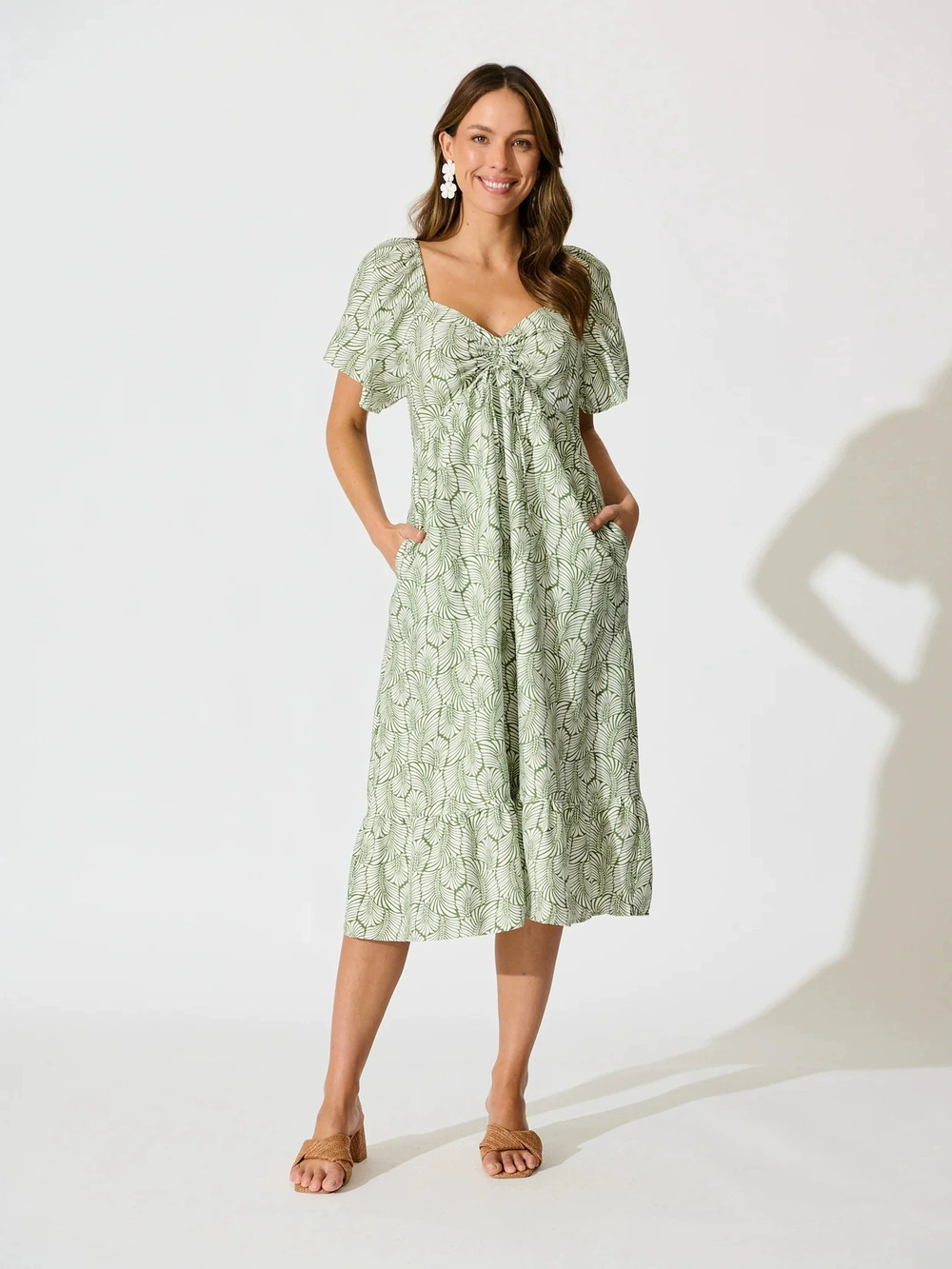 ZARA French Shirred Neckline Flutter Sleeve Midi Dress Casual Vacation Office